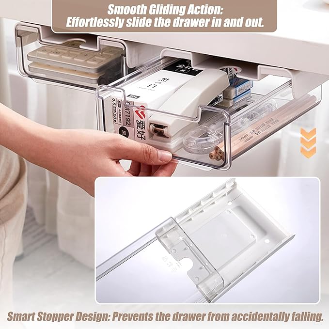 TooCust 2 Pack Under Desk Storage Drawers Slide Out-Drill-On or Self-Adhesive,Large&Medium Drawer Under Desk Organizer Under Table Drawer for Home Office School Organization and Storage