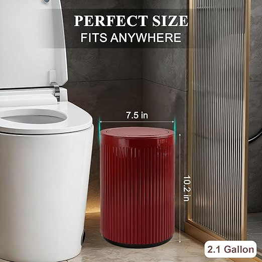 JiatuA Small Bathroom Trash Can with Lid, 2.1 Gallon Garbage Can with Pop-Up Lid Trash Bin Round Wastebasket for Kitchen Bedroom Office Living Room Toilet College Dorm, Red