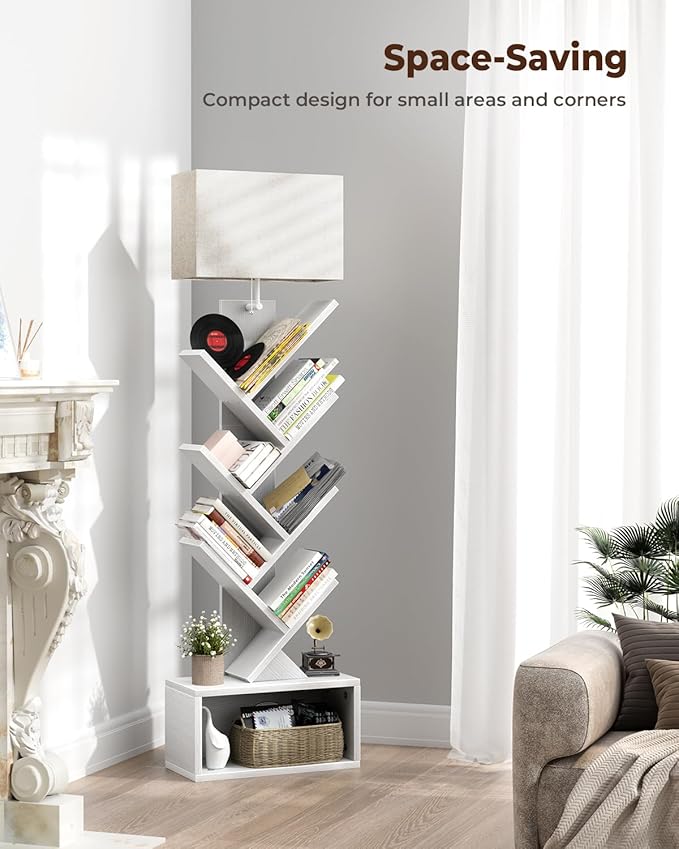 Evermagin 6 Tier Tree Bookshelf with Light, Narrow Bookcase Tower, Tall Floor Standing Book Shelf Organizer with Storage Cabinet for Living Room, Bedroom and Home Office, White