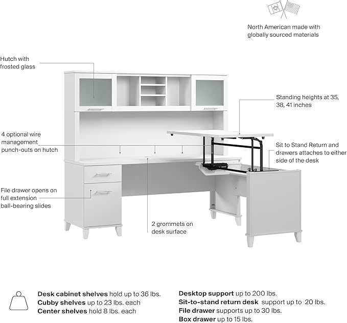 Bush Furniture Somerset 72W 3 Position Sit to Stand L Shaped Desk with Hutch in White | Adjustable Height Table for Home Office