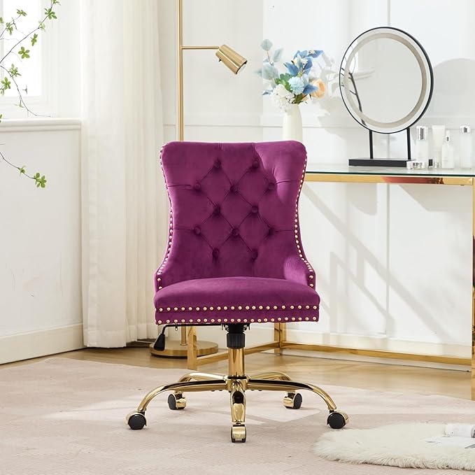 Goujxcy Desk Chair, Modern Velvet Upholstered Tufted Button Home Office Chair, 360° Swivel Armless Desk Chairs, 120°Rocking Ergonomic Computer Task Vanity Chairs, Purple