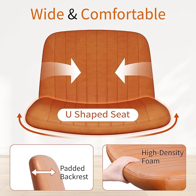 Meilocar Criss Cross Chair with Wheels, Cross Legged Office Chair, Armless Office Chairs Adjustable Height Swivel Tilting Vanity Chairs for Home Bedroom (PU Leather, Orange)