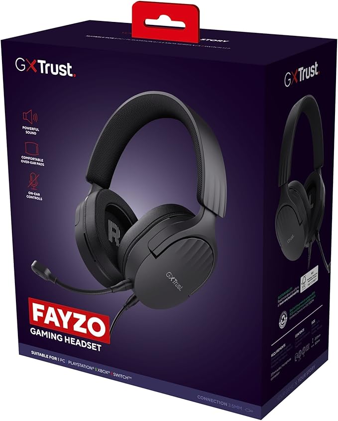 Trust Gaming GXT 489 Fayzo Gaming Headset for PC, PS5, PS4, Xbox Series X|S, Switch, Mobile, 3.5 mm Jack, 85% Recycled Plastics, Over-Ear Wired Headphones with Noise Cancelling Microphone - Black