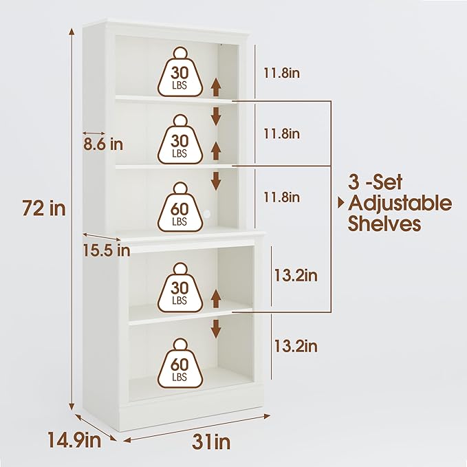 Bevfint 72" Tall Bookcase, White Large Floor Standing Bookshelf, 5 Tier Shelves Open Storage Organizer, Book Case for Living Room Hallway Kitchen Home Office Bedroom, White - 5 Tier