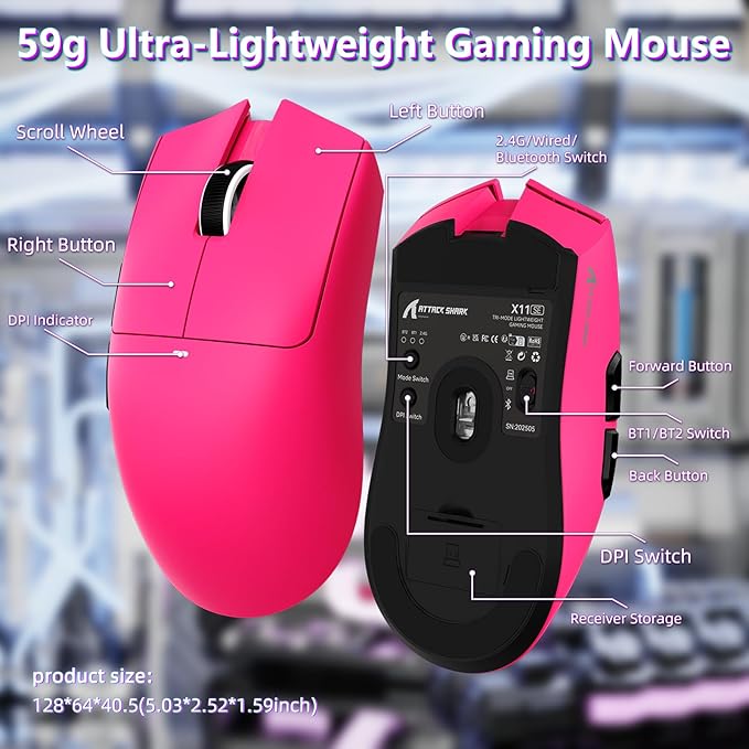 MAMBASNAKE Attack Shark X11SE Lightweight Wireless Gaming Mouse, Tri-Mode 2.4G/USB-C Wired/BT, 22K DPI, PAW3311 Optical Sensor, 59g, 5 Programmable Buttons, 300mAh Battery for PC/Mac((Berry Red)