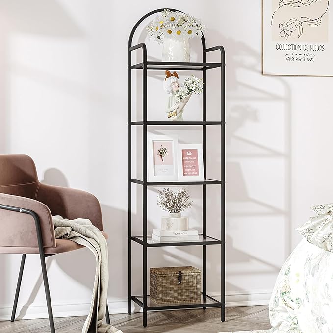 Hzuaneri Bookcase Bookshelf, Tempered Glass Bookshelves, Slim Shelving Unit for Bedroom, Bathroom, Home Office, Steel Frame, 5 Tier Black BC05001B