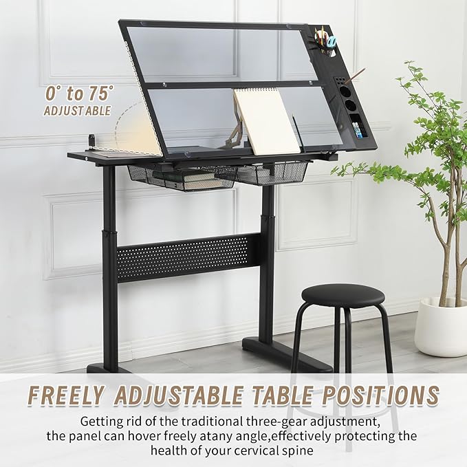 Adjustable Drafting Table with Hand-Crank Lift, 0-75° Tilting Tempered Glass Art Desk with Metal Drawers & Slide-Out MDF Side Table, Height Adjustable 29.5"-41.3" Drawing Desk with Storage & Stool