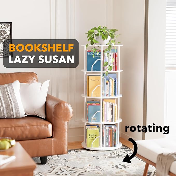 SpaceAid 4 Tier Rotating Bookshelf Tower, 360 Display Stackable Spinning Bookcase, Space Saving Revolving Round Book Shelf, Floor Standing Swivel Corner Organizer, White