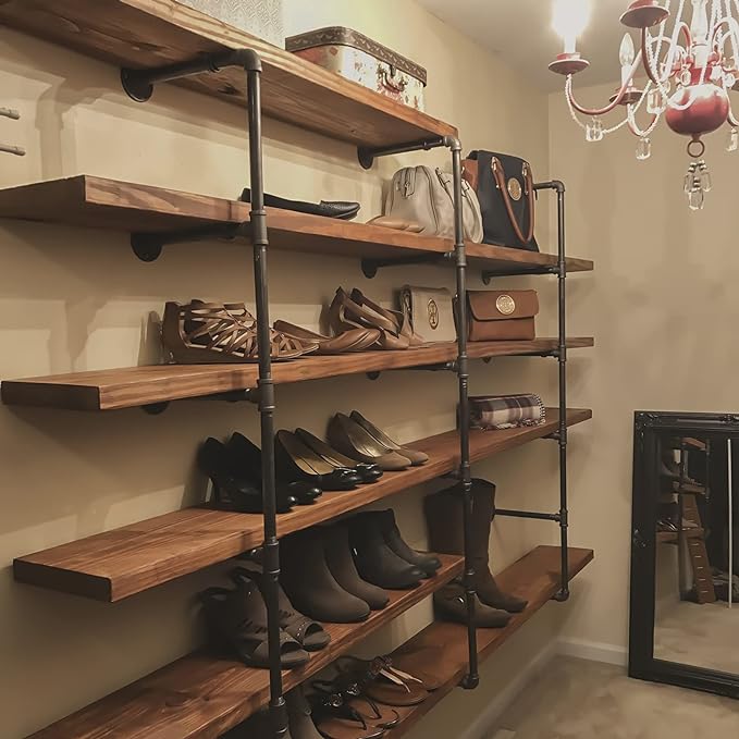 HITOMEN Industrial Iron Pipe Shelves, DIY Open Bookshelf Bookcase, Wall Mounted Vintage Retro Shelving, Rustic Farmhouse Pantry Kitchen Storage, Black Shelf Brackets, 2 Set 5-Tier, 55" Tall, 12" Depth