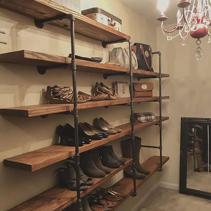 HITOMEN Industrial Iron Pipe Shelves, 3 Set 3-Tier, 28" Tall, 12" Depth, DIY Open Bookshelf Bookcase, Wall Mounted Vintage Retro Shelving, Rustic Farmhouse Pantry Kitchen Storage, Black Shelf Brackets
