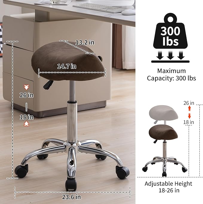 FIRAVOE Saddle Stool, Swivel Saddle Stool with Wheels, Adjustable Rolling Stool 18"-26", Faux Leather Rolling Stool for Salon, Massage, Clinic, Lab, Office (Tan, 1PCS (18"-26"))