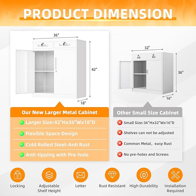 INTERGREAT Metal Storage Cabinet with Drawers, 42”H Lockable Office Storage Cabinets with 2 Doors and Adjustable Shelves, White Steel File Cabinet for Home Office, Garage, School, Apartment(White)