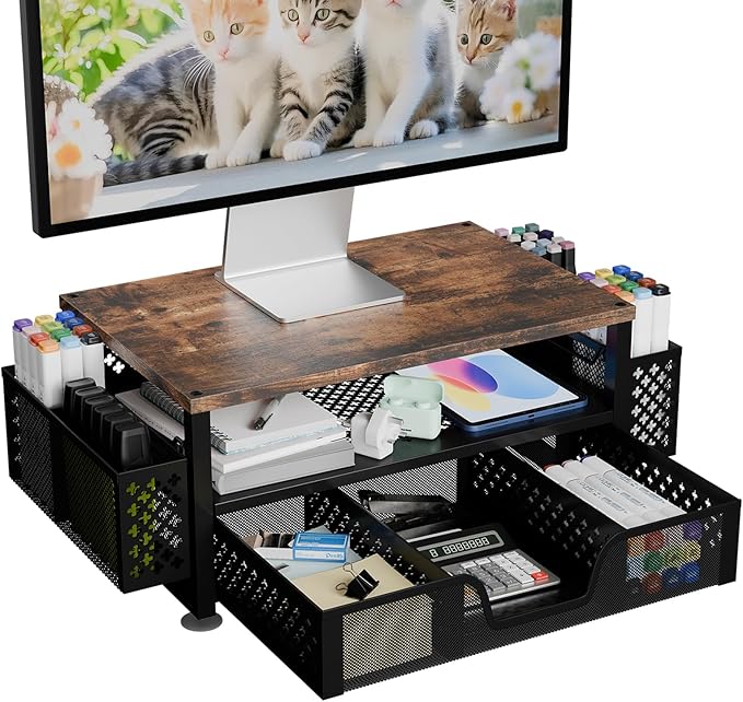 Simple Trending Wood Monitor Stand Riser, Desk Organizers and Accessories, 2-Tier Computer Rack with Drawer and Pen Holder for Desktop PC, Printer, Office Equipment – Desk Organizer for Home Office