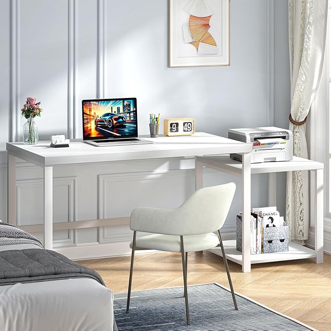 FOLUBAN Large White Computer Desk, Home Office Desk with Printer Space & PC Tower Stand, Modern Study Writing Table Workstation for Living Room Bedroom, 63 Inch