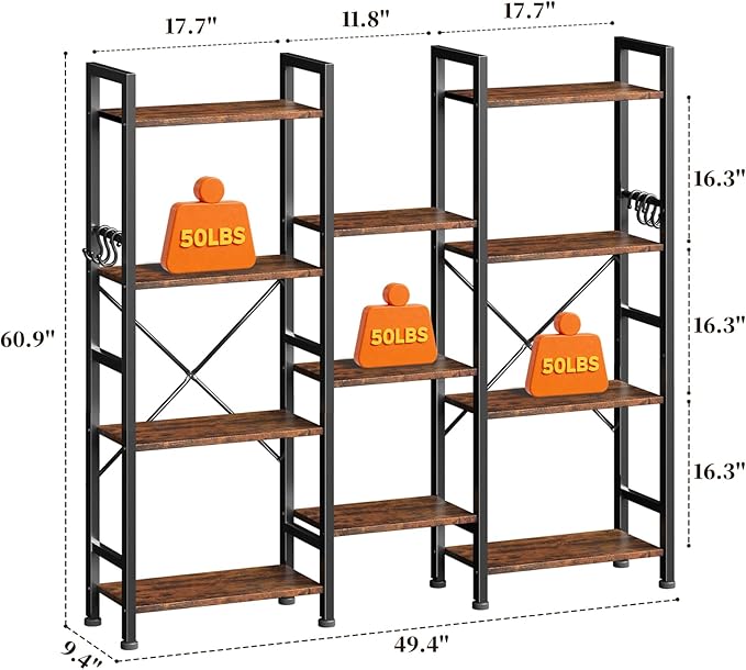 Furologee Triple 4 Tier Bookshelf, Bookcase with 11 Open Display Shelves, Wood and Metal Shelf Storage Organizer,Industrial Wide Shelving Unit for Living Room,Home Office,Rustic Brown