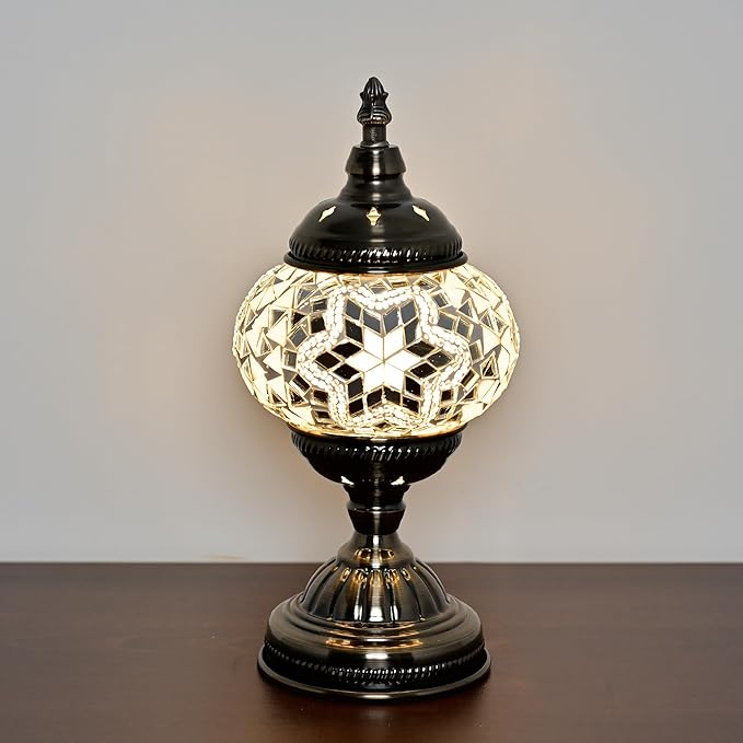GOGERS Turkish Moroccan Table Lamp Lantern with Handmade Mosaic Glass Lampshade Tiffany Style Bohemian Stained Glass Decorative Desk Lamps Bedside Night Lights for Bedroom (White 2)