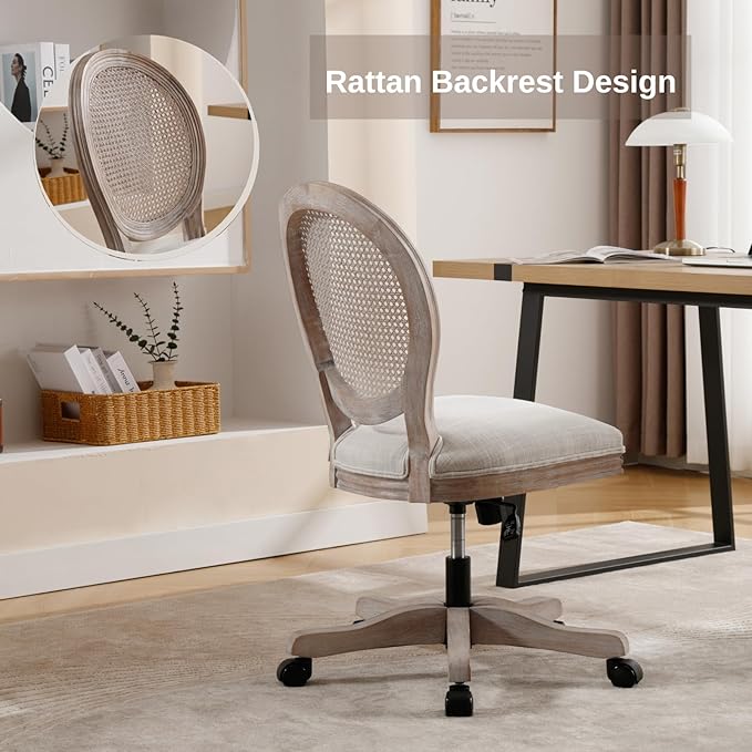 HEAH-YO Home Office Chair, Vintage Linen Fabric Armless Desk Chair with Rattan Backrest and Wheels, Swivel Vanity Chair for Bedroom, Beige