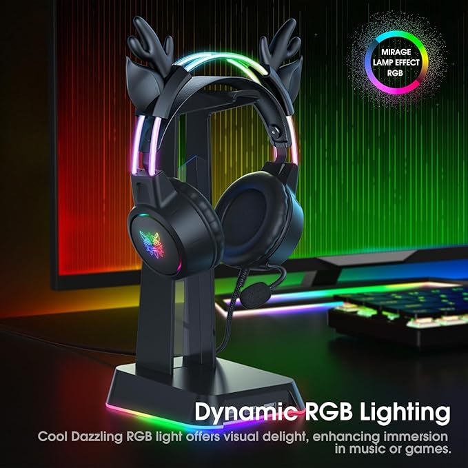 Lightweight Gaming Headset with Detachable Deer Ear, RGB Lighting, Wired Over Ear Headphones with Mic for PC, PS4, PS5, Switch, Stereo Surround Sound, Self-Adjusting Headband