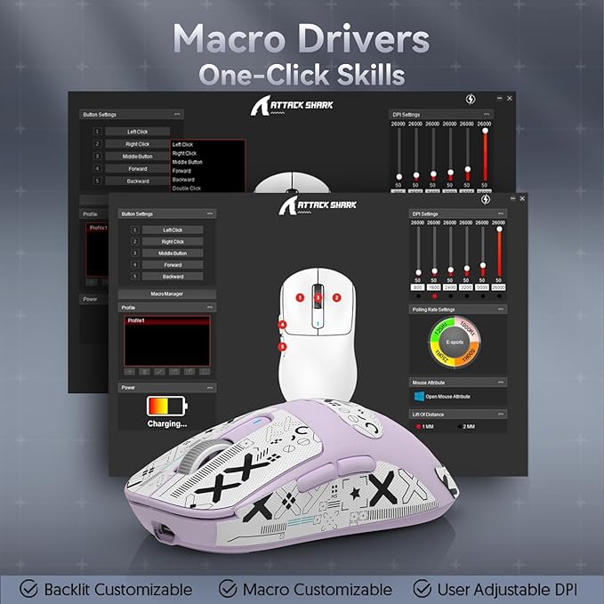MAMBASNAKE x Attack Shark Wireless Gaming Mouse, 49g Ultralight, PixArt PAW3395 26000 DPI, Bluetooth/2.4Ghz /Wired Tri-Mode, 200Hrs Rechargeable Battery, Kailh GM8.0 Switch for PC/MAC/Win, Purple&Tape