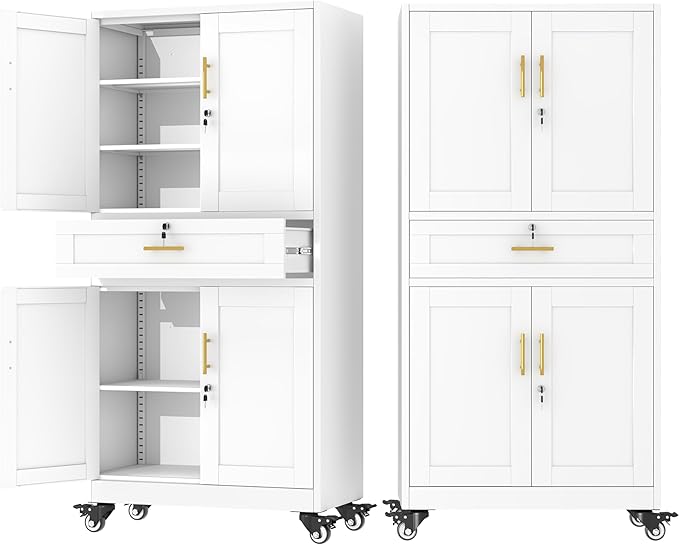 61" Metal Garage Storage Cabinet with Wheels and Locking Doors and Tall Rolling Steel Tool Cabinet with 5 Adjustable Shelves for Garage,Home,Office,Shop (White, 71" H x 35.43W x 15.74" D)