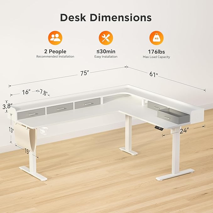 WALKINGDESK 75 Inches Height Adjustable L Shaped Standing Desk with 5 Drawers and Monitor Shelf, Electric Sit to Stand Home Office Comupter Table, Ergonomic Corner Gaming Desk, White