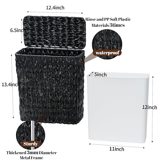Coeusy Black Wicker Trash Can with Lid and Liner,Waterproof Narrow Waste Basket for Bathroom,Bedroom,Office,3 Gallon