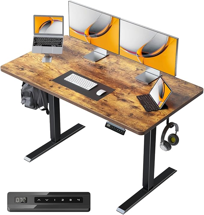 CubiCubi 40 x 24 Small One-Piece Standing Desk, Adjustable Height Electric Computer Sit Stand up Home Office Workstation, with 4 Memory Presets, Headphone Hook, Rustic Brown