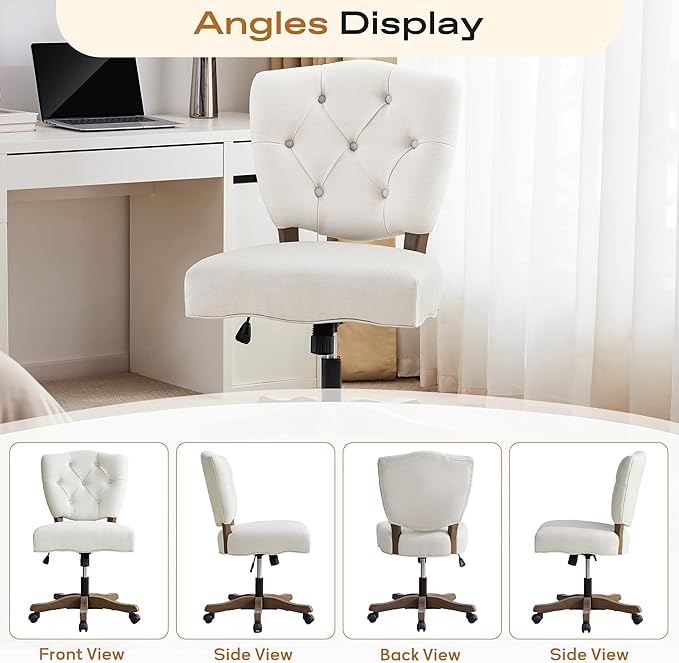 HUIMO Upholstered Swivel Desk Chair Chenille Tufted Fabric Home Office Chair with Wheels Adjustable Height Classic Task Chair with Wooden Legs Comfortable Armless Chair for Studio Study (Beige)