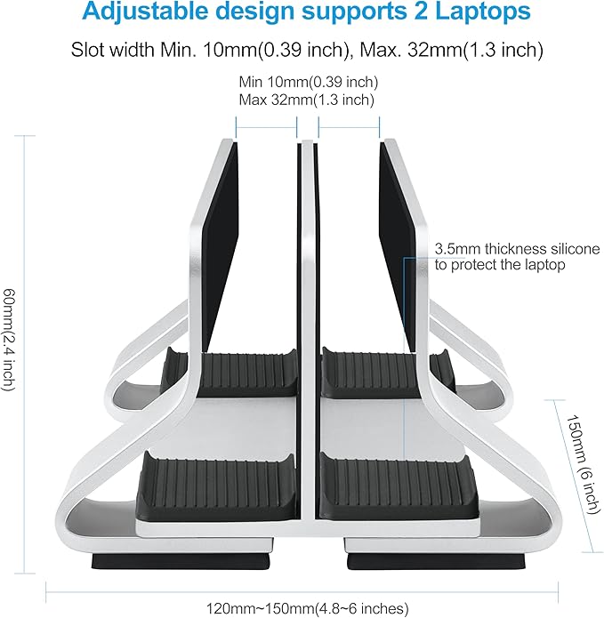 Aluminum Dual Vertical Laptop Stand Dock Holder, Supports 2 Devices, Adjustable Slot Width 15-36mm, Space-Saving Upright Storage for MacBook and Laptops