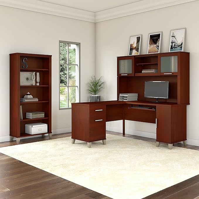 Bush Home Somerset 60W L Shaped Desk with Hutch and 5 Shelf Bookcase in Hansen Cherry