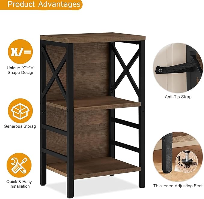 MNEETRUNG Small Bookshelf,3 Tier Industrial Bookcase with Metal Frame and Backboard,Low Rustic Brown Book Shelf,Book case for Small Spaces,Living Room,Bedroom and Home Office