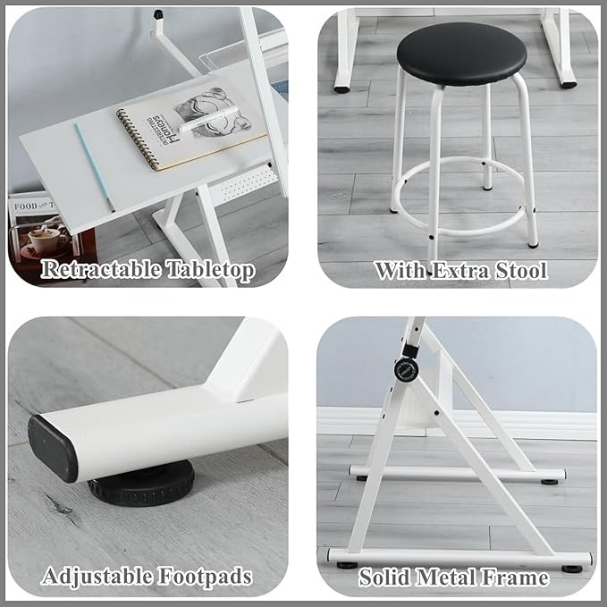 Glass Drafting Table and Stool Sets, Adjustable Height Drawing Table Art Craft Artist Desk Tilting Glass Tabletop with 2 Storage Drawers for Home Office (White-Type 2)