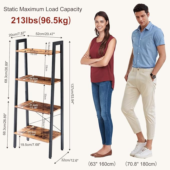 DUMOS Ladder Shelf, 4-Tier Display Bookshelf, Industrial Style Storage Standing Shelf, Decorative Shelves with Stable Frame for Living Room, Bedroom, Office, Kitchen, Bathroom, Brown