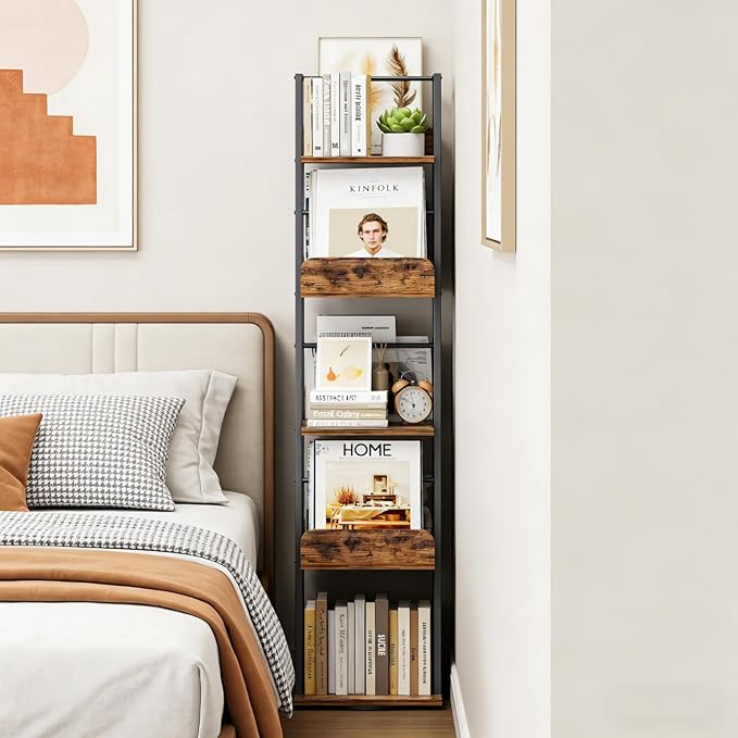 Bikoney Rotating Bookshelf, 360 Display Spinning Bookshelf Tower, 5-Tier Narrow Bookcase, Tall Industrial Book Shelf Organizer, Small Corner Book Shelves for Living Room, Black