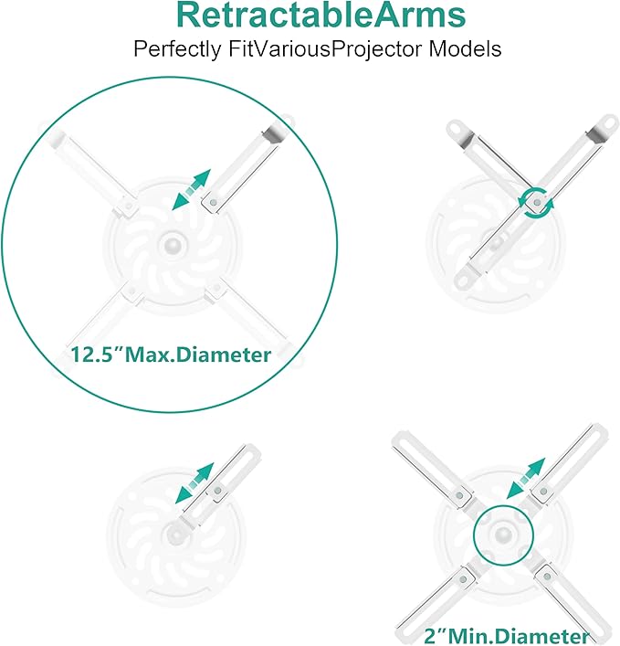 WALI Projector Ceiling Mount, Universal Low Profile Projector Mount with Retractable Arms and Multiple Adjustment Function (PM-002-W), White