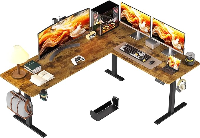 WALKINGDESK 75x61 Inches Reversible L Shaped Standing Desk Height Adjustable with Cup Holder, Electric Corner Computer Workstation for Home Office, Ergonomic Sit Stand up Gaming Desk, Rustic Brown