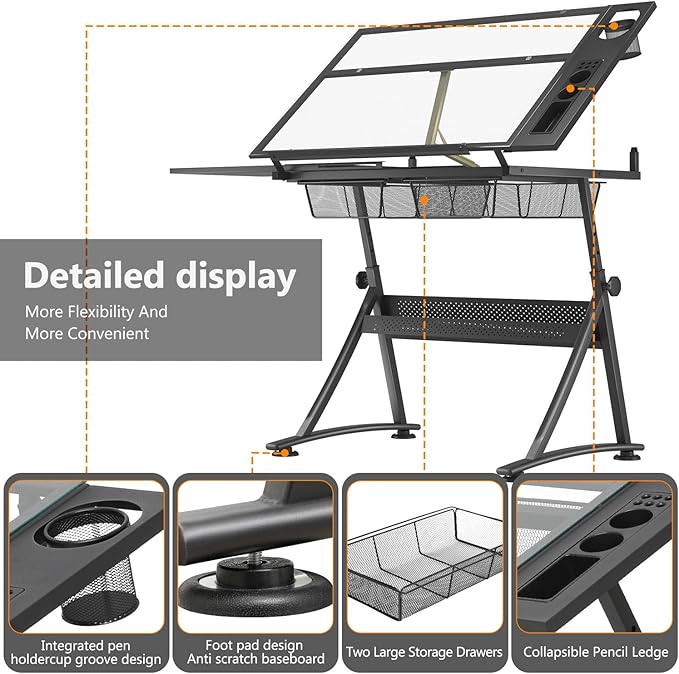 OS MOTOR Adjustable Height Drafting Table with Glass Top, Art Craft Desk with Slide-Out Drawers, Storage, for Drawing, Writing, Painting, and Creative Tasks, Ideal for Home Office