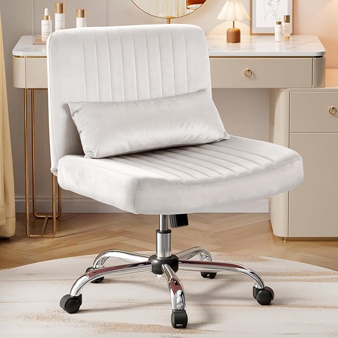 Warmiehomy Velvet Office Chair, Luxury Criss Cross Chair with Wheels, Comfy Cross Legged Desk Chair for Home Office, Stylish Vanity Chair, Wide Seat Computer Chair, Best Gift for Girls, White