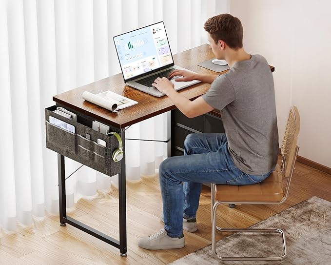 AODK 40 Inch Small Computer Desk with Fabric Drawers, Kids Study Desk for Bedroom, Home Office Desk with Storage Shelf & Bag for Small Space, Vintage