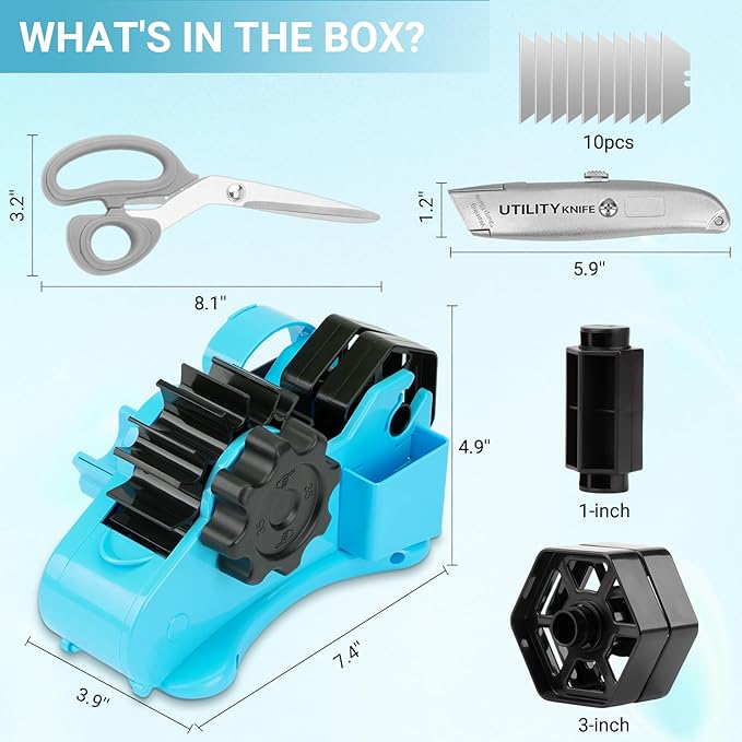 THINKLEARN Heat Tape Dispenser - Sublimation Heat Transfer Tape Dispenser with Scissors and Utility Knife, 1 '' & 3'' Core, Multi-Roll Pre-Cut Tape Dispenser for Crafting, PreCut 1.4'' Pieces, Blue