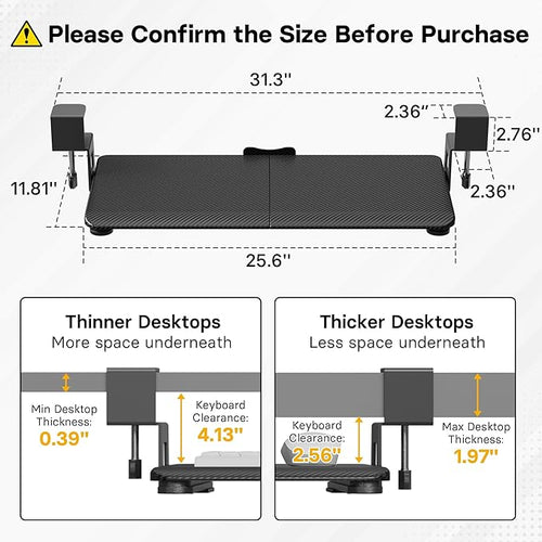 BONTEC KMT01 Under Desk Keyboard Tray, Pull-Out Keyboard & Mouse Platform with C-Clamp, 25.6 x 11.8 in Space-Saving Ergonomic Slide-Out Drawer, Black Carbon Fiber