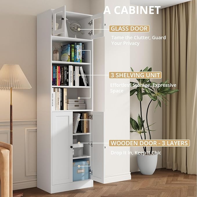 TUSY 85.5 Inch Tall Bookshelf with Doors - 7 Tier Bookcase with Glass Doors and Drawer, 23.6" Wide Storage Cabinet with Open Shelves for Living Room, White Book Shelf for Home Office, Study (A)