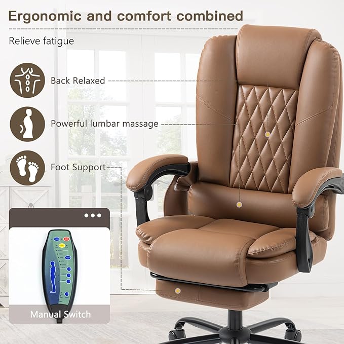 6-Point Heated Massage Office Chair with Footrest, Ergonomic Home Desk Chair with Lumbar Support, Executive High Back PU Leather Computer Chair with Armrest & Reclining, Brown