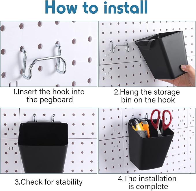 Namalu 12 Pack Peg Board Storage Bins with Labels and Hooks Square Box Shape Pegboard Cup Holder Accessories Pegboard Organizer for Craft Room Wall holder Workbench(4.7 x 4 x 5 Inch, Black)