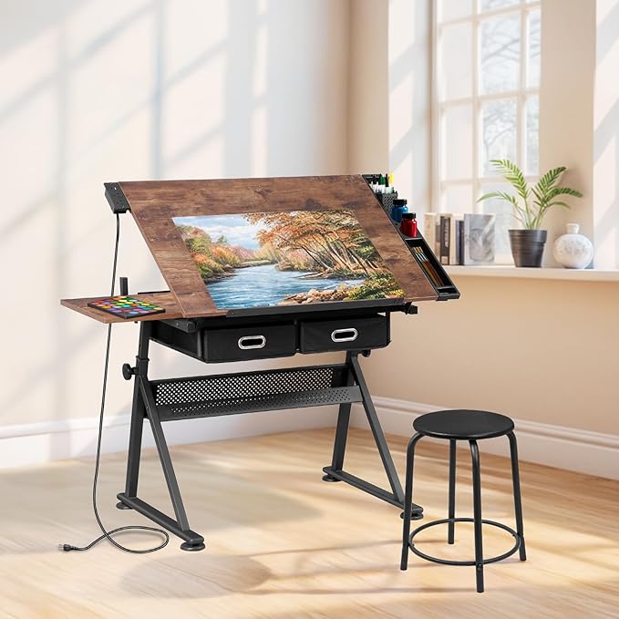 JupiterForce Drafting Table Art Desk w/Power Outlet and Stool, Adjustable Tilting Drawing Table Artist Desk with 2 Storage Drawers, Art Craft Work Station for Home Office Working, Writing, Crafting