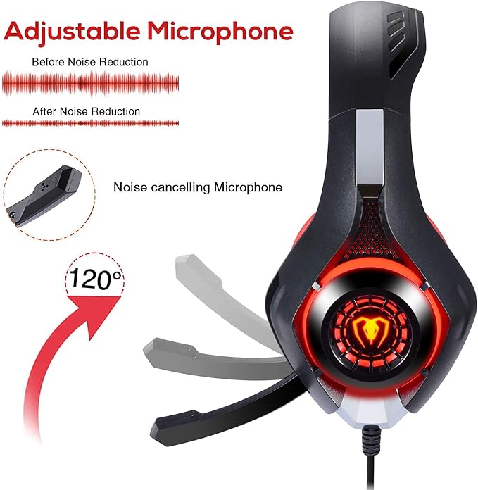 BlueFire Stereo Gaming Headset for PlayStation 4 PS4, Over-Ear Headphones With Mic and LED Lights for Xbox One, PC, Laptop (Red)