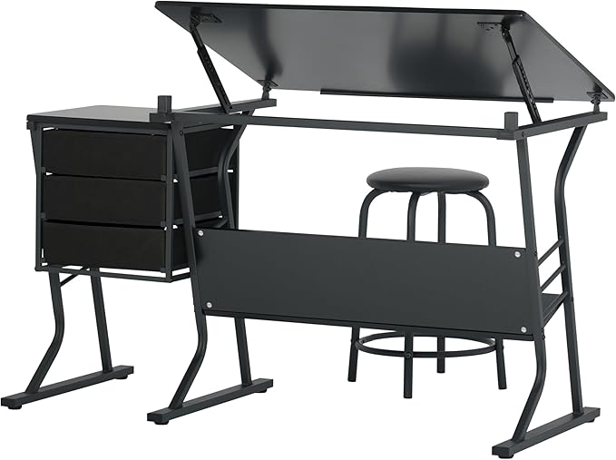 2 Piece Eclipse Ultra Center/Drawing Table with Stool, Angle Adjustable Top, Storage Shelves, and Drawers