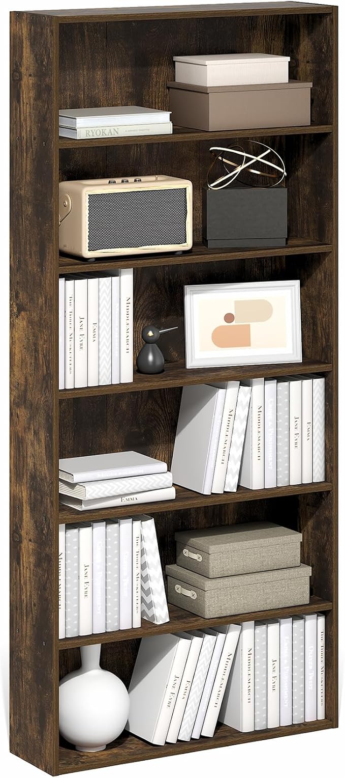 Furinno Basic Book Shelf, 6-Tier Bookcase with Open Shelf, Bookshelf, Cube Storage Organizer, 7 x 24 x 53, for Living Room, Bedroom, Home Office, Amber Pine