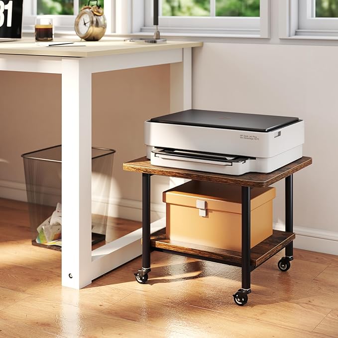Giantex Under Desk Printer Stand, 2-Tier Mobile Printer Table with Storage Shelf, Lockable Wheels & Metal Frame, Rolling Printer Cart Holder, Storage Rack for Home Office Scanner Fax Machine (Brown)