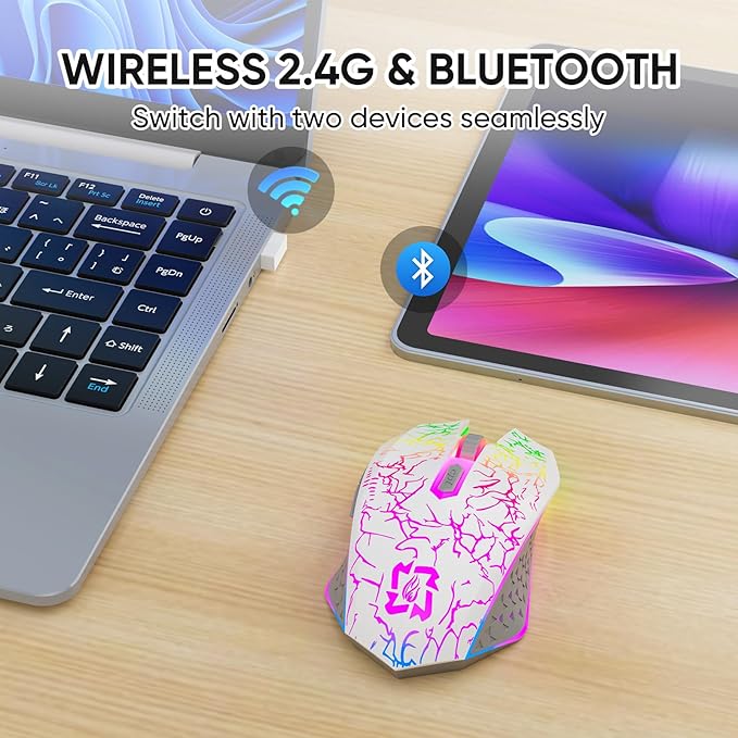 MELOGAGA Bluetooth Mouse Wireless Gaming Mouse, 2.4G Cordless RGB Rechargeable PC Game Mouse Computer Mice for Laptop Desktop -White